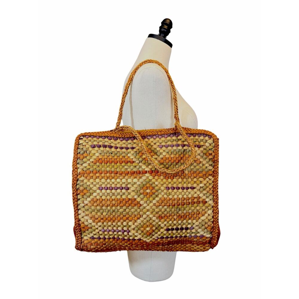 Vintage Handwoven Raffia Tote Bag Market Beach Shopper Natural Woven Boho Tan - Picture 2 of 11